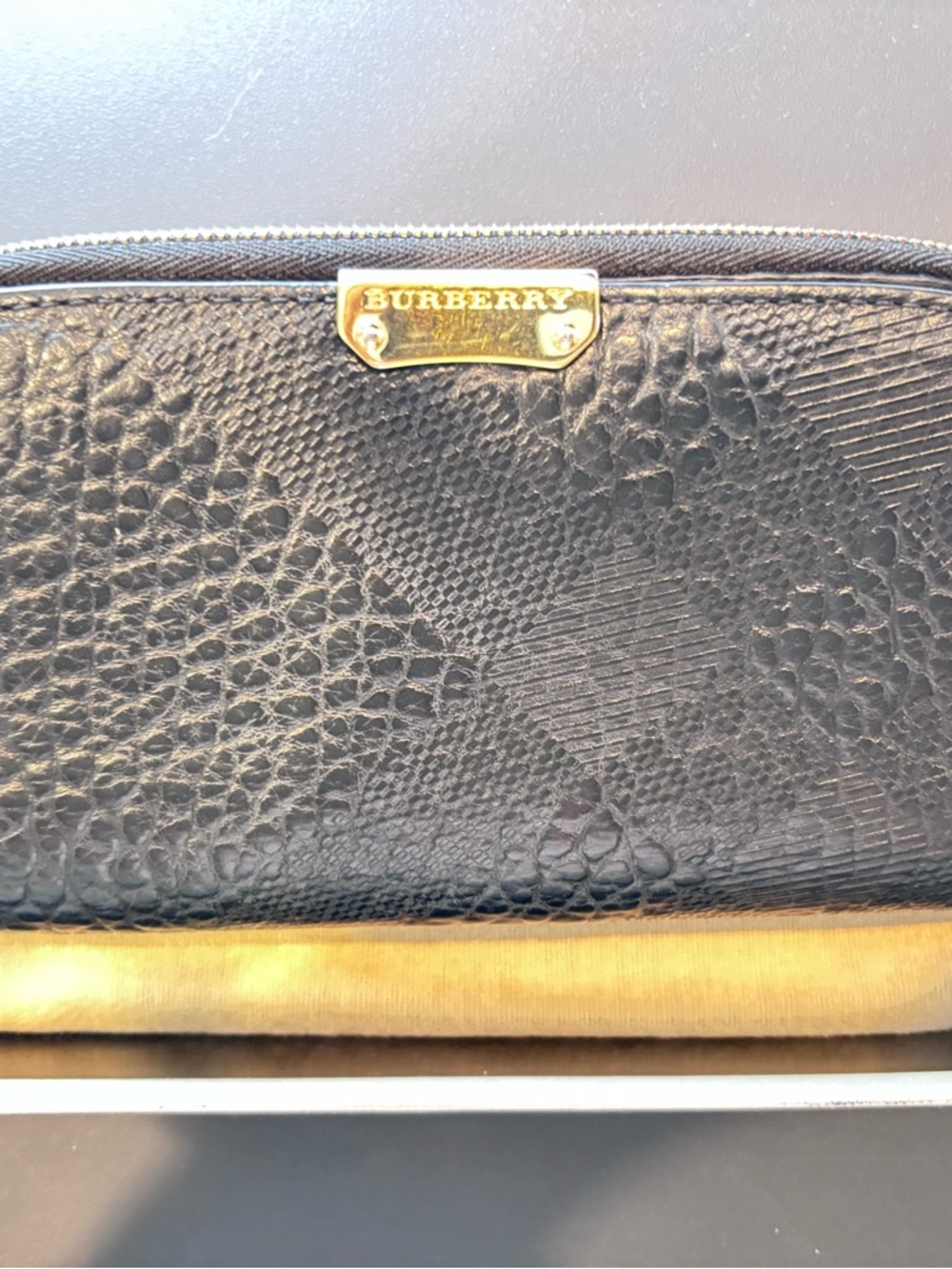 Burberry Black Textured Leather Zip Wallet with Gold Plate